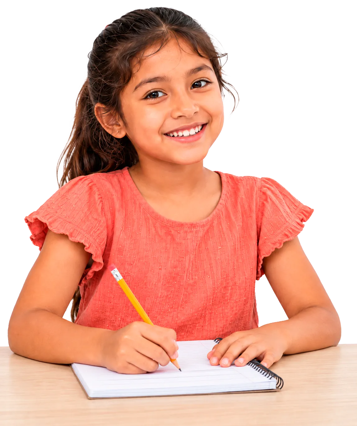 Niña sonriente escribiendo en su cuaderno